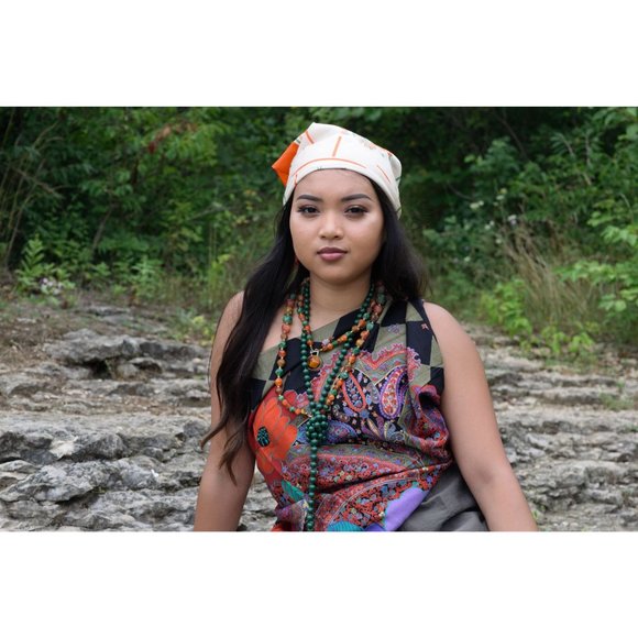 Orange Green Marbleized Beads Necklace Vintage Jewelry - Picture 2 of 7